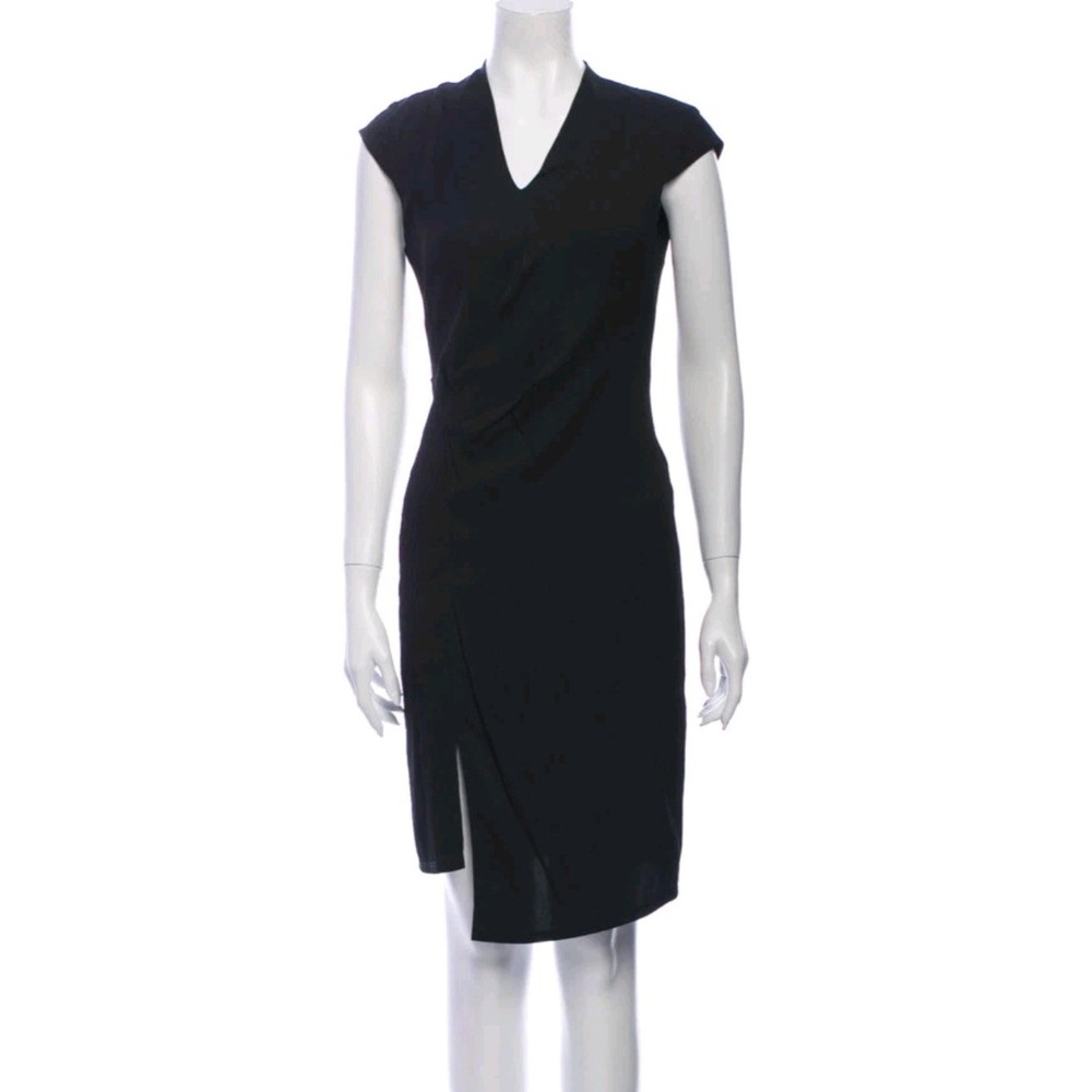 Helmut Lang Sheath Dress 0 Black V-Neck‎ Asymmetrical Zip SW-DD0582 Cupro Silk